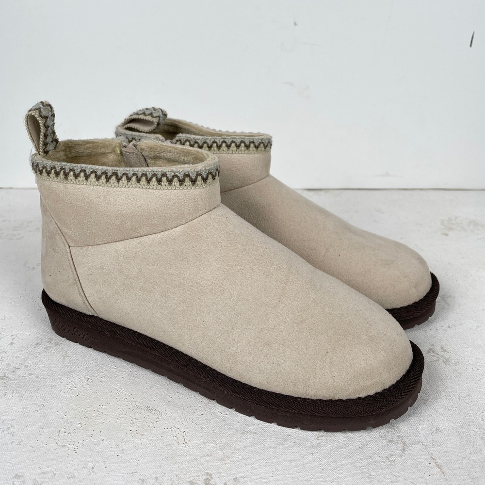 Muk Luks Boots Women Size 9 Tan Faux Suede Fur Lined Ankle Booties Side Zip